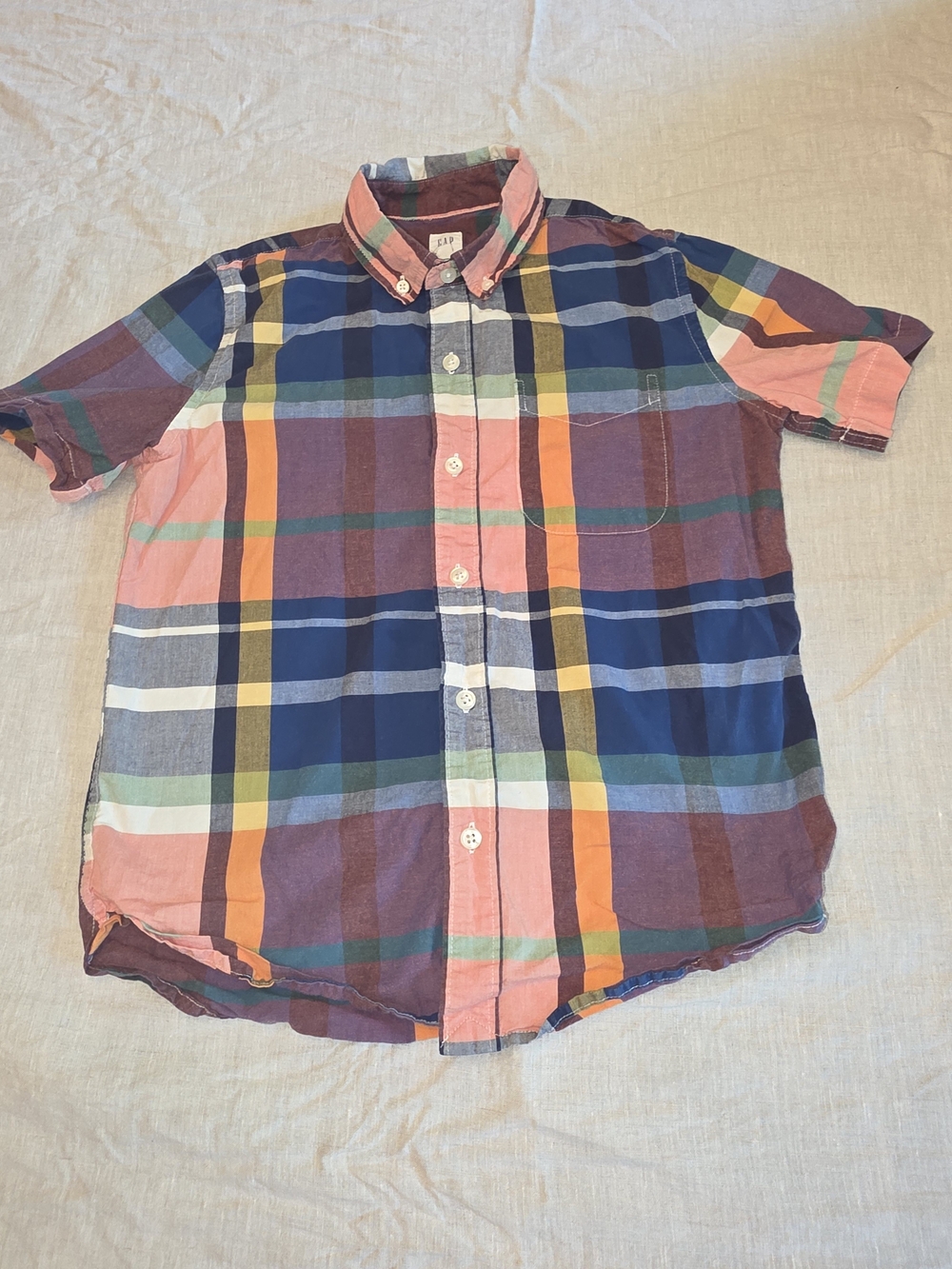 GAP Short-Sleeve Plaid Button-Down Shirt in Pink, Navy & Green